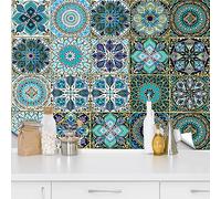 QUCUMER 20 Pcs PVC Tile Stickers 15*15cm Moroccan Style Mandala Self Adhesive Peel and Stick Wall Tiles for Kitchen Bathroom Stairs Backsplash