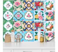 QUCUMER 20 Pcs Tile Stickers 15*15cm PVC Wall Tile Stickers Moroccan Style Tile Sticker Mandala Tile Decals Self Adhesive Stairs Tile Sticker Peel and Stick Wall Tiles Backsplash for Kitchen Bathroom