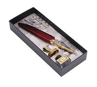 Qudinip Feather Pen Comfortable Writing Vintage Elegance Quill Pen Set for Calligraphy Gifts Feather Stainless Steel 27.7cm (Dark Red)