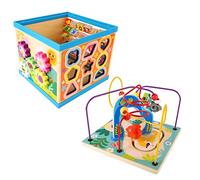 Qudinip Wooden Baby Activity Cube Toy for Early Learning, 8 in 1 Multifunctional Educational Bead Block for Kids, Basswood, 24x23x23cm