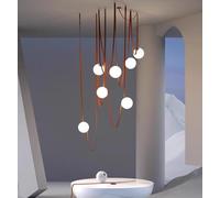 qudkdhs Nordic White Glass Globe Chandelier High Ceiling Mid-Century Modern Long Chandelier DIY Spider Pendant Light Off Center Light Fixture with Belt Leather Chain for Living Room (Brown 7 Lights)
