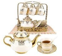 Qudubuy 20Pcs European Coffee Cup Set, Porcelain 1380 ML Coffee Pot Set with Stand, 200ML Cups, Elegant Gold Trim, Hand-Painted Floral Pattern, Vintage Tea Set for Home & Afternoon Tea (Golden Lines)