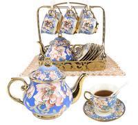 Qudubuy 20Pcs European Coffee Cup Set, Porcelain 1380 ML Coffee Pot Set with Stand, 200ML Cups, Elegant Gold Trim, Hand-Painted Floral Pattern, Vintage Tea Set for Home & Afternoon Tea (Blue Flower)