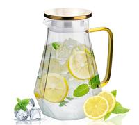 Qudubuy 2L Glass Water Jug with Gold Stainless Steel Lid & Handle, Diamond-Textured Carafe, 67.6oz Pitcher Non-Drip Spout for Juice, Milk, Coffee, Tea, Hot & Cold Beverages, Fridge Safe