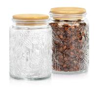 Qudubuy 700ml Glass Storage Jars with Lids Airtight - Set of 2 Vintage Tea Coffee Sugar Canisters, Embossed Glass Jars for Overnight Oats, Pantry & Kitchen Organization