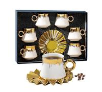 Qudubuy Ceramic Coffee Cups Set - 3oz/90ml Small Turkish Coffee, Cappuccino, Macchiato, Cortado, Espresso Cups with Saucers Set of 6, Dishwasher Safe Mini Cup and Saucer Set in Gift Box