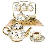 Qudubuy Vintage Tea Set - 20 Pcs Afternoon Tea Sets with 1380ML Teapot, 200ML Cups, Elegant Gold Trim, Hand-Painted Floral Pattern, European Teacup and Saucer Set for Home Party (Golden Flower)