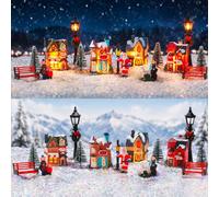 Queekay 17 Pcs Christmas Village Houses Lighted Set,Town Street Storefront | Resin Buildings with LED Lights Figurines Trees Lamps, Indoor Tabletop Mantel Decor, Holiday Winter Collectible Accessories
