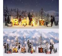Queekay 32 Pcs Christmas Village House Set with Lighted Xmas House Artificial Trees Street Lamp Park Bench, Miniature Xmas Town Village Accessories for Holiday Tabletop Mantel(Victorian)
