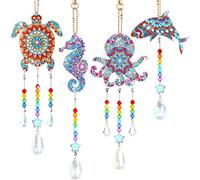 Queekay 4 Pcs Ocean Diamond Art Kits Art Wind Chime Bedazzling Sea Animal Diamonds Painting Suncatcher Double Sided Crystal Rhinestone Big Gem Suncatcher Hanging Ornament for Garden Home Window Decor