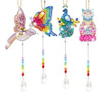 Queekay 4 Pieces Diamond Painting Sun Catcher Tree Ornament DIY Wind Chime Kit Hanging Double Sided Hummingbird Butterfly Cat Peacock Shape Crystal Art Ornament forGarden Decoration