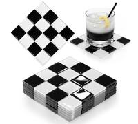 Queekay 6 Pcs Black White Glass Coasters, 4" Checkered Drink Coaster Set | Square Mats on Coffee Table Bar, Protects Furniture from Heat Moisture, Checkered Plaid Tiled Design for Home Decor