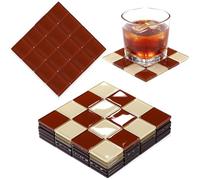 Queekay Brown and Beige Checkered Coaster Set of 6 for Drink 4" Square Glass Drinks Tiled Coaster Plaid Table Mat for Coffee Table Bar Home Decoration Christmas Decorative Plate Idea