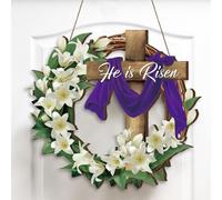 Queekay Easter He Is Risen Wreath for Front Door Decor Religious Easter Decoration Wooden He Is Risen Spring Wreath Cross Door Sign Hanging Sign Christian Jesus Decor for Outdoor Wall Party Supplies