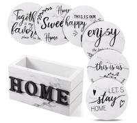 Queekay Housewarming Gifts for Home Decoration Wooden Heart Coasters for Drinks 6 Set Farmhouse Coasters with Holder Funny for Family Coffee Table Protection, 4''(White Marble)