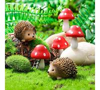 Queekay Resin Hedgehogs & Wood Mushroom Sculpture, Fairy Wild Garden Supplies, 6 Pieces, Red, Handmade Decor