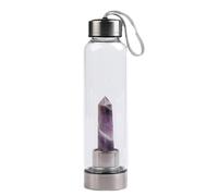 Queemie Amethyst Glass Water Bottle, Gemstone Center Infused Purple Crystal Sports Cup Obelisk Wand Energy Cup for Natural Wellness Healing
