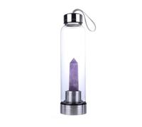 Queemie Natural Amethyst Crystal Water Bottle, Stainless Steel Glass Purple Quartz Gemstone Obelisk Wand Energy Cup Sports Cup for Healing Wellness 550ml