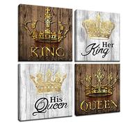 Queen and King Crown Picture With Word Canvas Wall Art for Bedroom Living Room Game Room Home Wall Decor Retro Painting Poster Wedding Gifts Canvas Printed Framed Ready to Hang [12Wx12Hx4 Pieces]