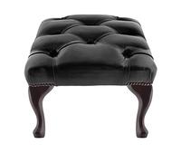 Queen Anne Footstool - 100% Genuine Leather Chesterfield Footstool - Handmade in UK - Black Leather - Mahogany Legs - Deep Buttoned Upholstery - Classic British Design