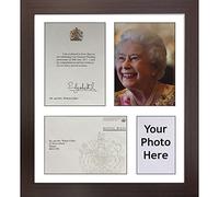 Queen Birthday Anniversary Presentation Frame 20 x 16 Inch Multi Aperture Display for Congratulatory Letter, Envelope and 6 x 4 Photo | Made in UK | White Mount - Mahogany Frame