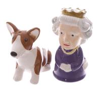 Queen & Corgi Salt & Pepper Shakers - Cruet Cellar Pots - Porcelain Ceramic Set
