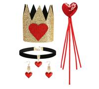 Queen Costume Accessories Set for Women Red Hearts Crown Headwear Necklace Earrings and Scepter Party Cosplay Dress up, One Size