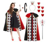 Queen Costume for Women, Red King Cape Robe with Crown Scepter Halloween