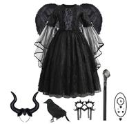 Queen Costume - Halloween Queen Costume - Wings Headpiece Crow Wristband Necklace Set Ages 2-10 for Themed Party Cosplay Prom Wedding Graduation Birthday