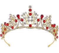 Queen Crown Rhinestone Wedding Crowns Tiaras, Crystal Bridal Crown, Gold Full Round Tiara Crown Pageant Headpieces, for Stage Productions, Photography Prop (Color : Red)Exquisite shape and clothing pe