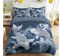 Queen Duvet Cover Koi Fish Waves Soft Bedding Japanese Traditional Oriental Breathable, No Ball, Illustration Easy Care Duvet Cover Set Light Blue for Girls & Adults