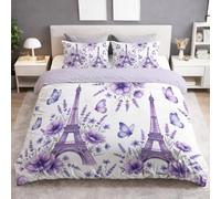Queen Duvet Cover Set - Eiffel Tower Ultra Soft Microfibre Bedding with 2 Pillowcases | Watercolour Floral Butterfly Print Quilt Cover for Kids Boys Girls | Reversible Zipper