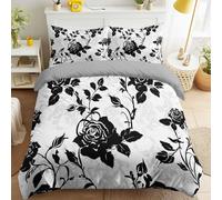 Queen Duvet Cover Set - Elegant Romantic Roses for Flower Lovers - Soft Microfiber Quilt Cover Bedding Set, Black White, Damascus, Reversible, Concealed Zipper