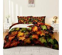 Queen Duvet Cover Set Size 230 x 220 cm With Pillowcase, Soft Color Brushed Microfiber Bedding with Zipper Closure and 4 Corner Ties - Minimalist Nature Autumn Plants Leaves Printed Duvet Cover