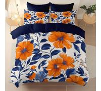 Queen Duvet Cover Set Size 230 x 220 cm With Pillowcase, Soft Purple Brushed Microfiber Bedding with Zipper Closure and 4 Corner Ties - Simple Oil Painting Flowers Leaves Printed duvet cover