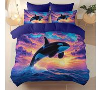 Queen Duvet Cover Set Size 230 x 220 cm With Pillowcase, Soft Purple Brushed Microfiber Bedding with Zipper Closure and 4 Corner Ties - Ocean Sunset Animals Whales Printed duvet cover