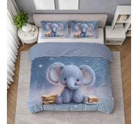 Queen Easy-Care Duvet Cover, Cartoon Animals Baby Elephant Cute Microfiber Bedding Set for Bedroom Guestroom Dormitories, Frozen Blue, 230 x 230 cm (90" x 90") with Pillowcases