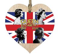 Queen Elizabeth II Commemorative Gift - The Queen Elizabeth II Union Jack Keepsake - Royal Tribute Memorial Gifts, Memorabilia Souvenirs, Hanging Wooden Heart Sign Plaque - Light Wood Hearts Sign