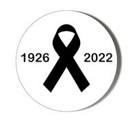 QUEEN ELIZABETH MEMORIAL - BLACK RIBBON WITH DATES - 1926-2022 - 38mm SMALL ROUND FRIDGE MAGNET to mark death of HM Queen Elizabeth II 1926-2022