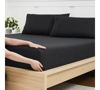 Queen Fitted Sheet Only with Full Elastic & Built in Corner Sheet Straps to Prevent Shifting - Soft & Breathable Brushed Microfiber Bottom Sheet, Queen, Black