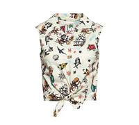 Queen Kerosin Women's Shirt Blouse Hawaiian Shirt Short Sleeve Shirt Sleeveless Tie Blouse All-Over Print Retro Sleeveless Blouse Top Lapel Collar, ecru, M
