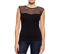 Queen Kerosin Women's Vintage Top T-Shirt Mesh Look Roses Embroidery Short Sleeve Top Shirt 50's Roses, black, 3XL