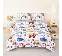 Queen Kids Comforter Set 5Pcs Construction Bedding Set Soft Vehicles Excavator Bed in a Bag for Boys All Season, White Grey