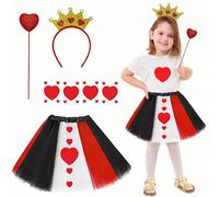 Queen Kids Costumes Hearts Girls 4Pcs, Queen TuTu Dress Fancy Dress Outfit with Crown Hairband Hearts Wand for Halloween Carnival World Book Day Party Queens Cosplay Kids Costume Daily Wear