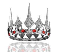 Queen King Opal Crown Round Royal Crown For Prom Pageant Birthday Party Valentines Costume (Large Size 7.28" Diameter,Dark Silver With Red Stone)
