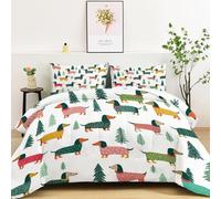 Queen Lightweight Soft Duvet 200 x 200 cm, Cartoon Christmas Tree Dachshund Theme Breathable Cosy Quilt - White Print Fade Resistant Machine Washable Comforter Set with 2 Pillowcases 50 x 75 cm