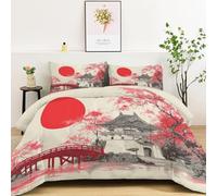 Queen Lightweight Soft Duvet 200 x 200 cm, Japanese Sun Courtyard Architecture Theme Breathable Cosy Quilt - Colorful Print Fade Resistant Machine Washable Comforter Set with 2 Pillowcases 50 x 75 cm