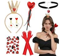 Queen of Hearts Costume 6 Pieces Queen Costume Accessories, Red Heart Queen Costume Set with Crown Rod Heart Necklace Earrings for Women Girls for Cosplay Dress Up Party