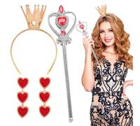 Queen of Hearts Costume Set for Women Girls, Red Queen Accessories with Crown Headband Wand Heart Earrings for Halloween Carnival World Book Day Cosplay Dress Up