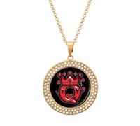 Queen of Hearts Playing Cards Pendant Necklace Round Diamond Necklace Golden-Color Jewelry Charms for Women